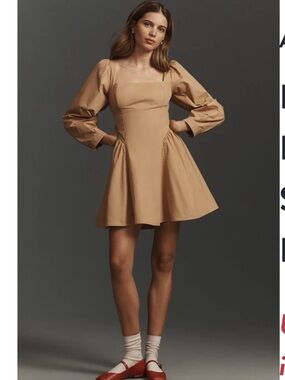 By Anthropologie Long-Sleeve Square-Neck Poplin Mini Dress